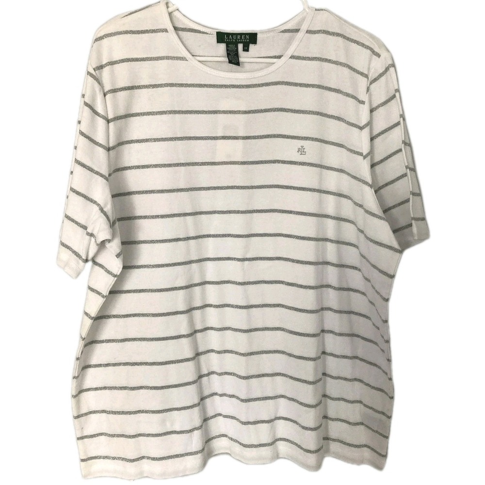 Lauren Ralph Lauren Shirt Women 2X White Stripe Metallic Crew Short Sleeve NWT